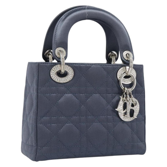 Christian Dior Mini Cannage Hand Bag Satin Navy Silver Auth yk21095SM