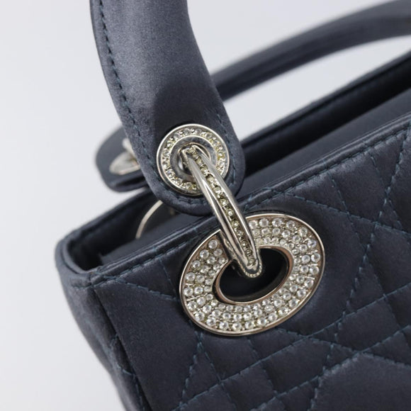 Christian Dior Mini Cannage Hand Bag Satin Navy Silver Auth yk21095SM