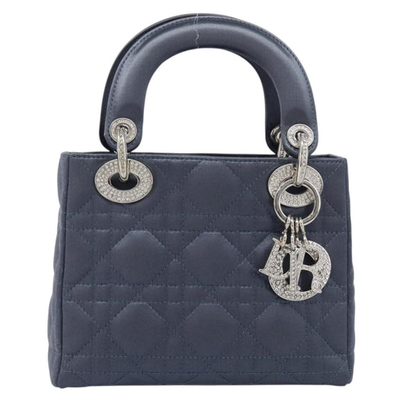 Christian Dior Mini Cannage Hand Bag Satin Navy Silver Auth yk21095SM