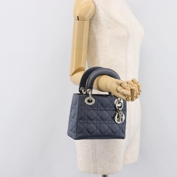 Christian Dior Mini Cannage Hand Bag Satin Navy Silver Auth yk21095SM