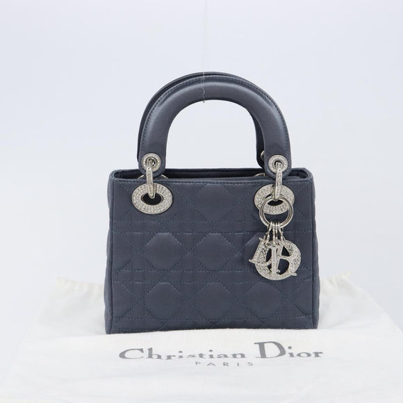 Christian Dior Mini Cannage Hand Bag Satin Navy Silver Auth yk21095SM