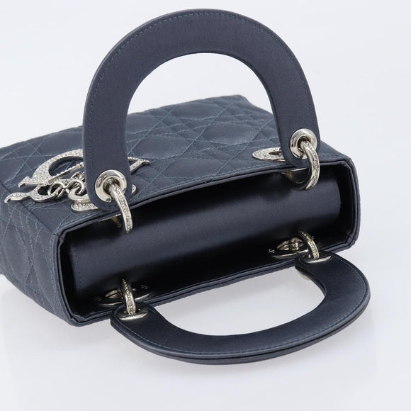Christian Dior Mini Cannage Hand Bag Satin Navy Silver Auth yk21095SM