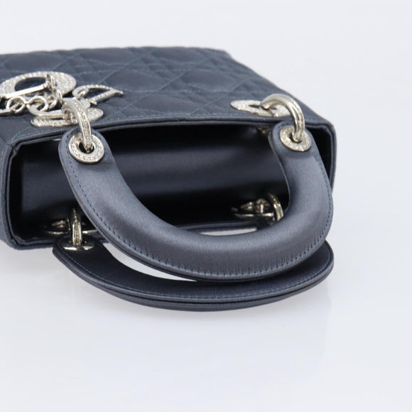 Christian Dior Mini Cannage Hand Bag Satin Navy Silver Auth yk21095SM