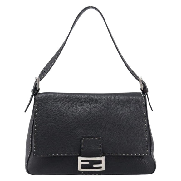 FENDI Selleria Mamma Baguette Shoulder Bag Leather Black Silver Auth yk21101SAM