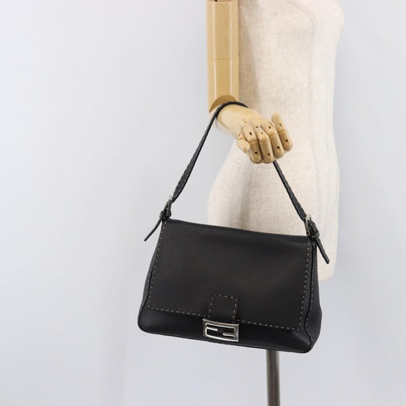 FENDI Selleria Mamma Baguette Shoulder Bag Leather Black Silver Auth yk21101SAM