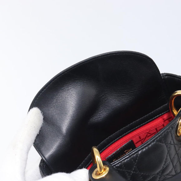 Christian Dior Mini cannage Hand Bag Lamb Skin Black Gold Auth yk21108SAM