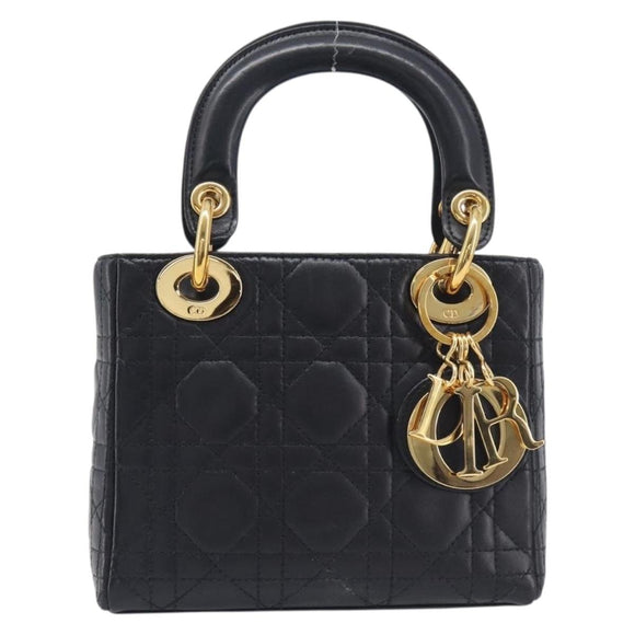 Christian Dior Mini cannage Hand Bag Lamb Skin Black Gold Auth yk21108SAM