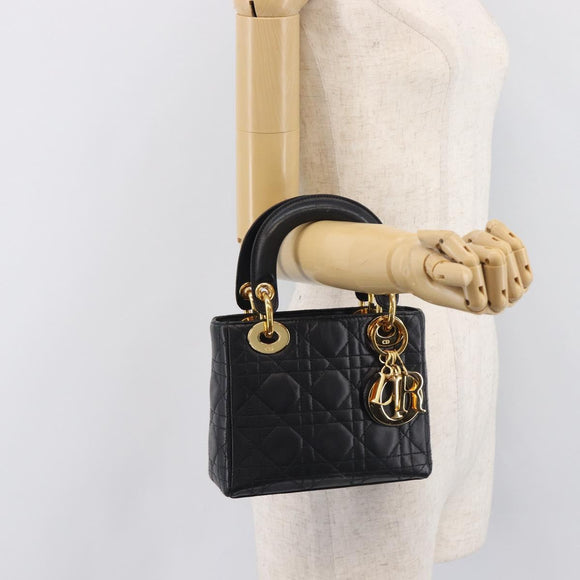 Christian Dior Mini cannage Hand Bag Lamb Skin Black Gold Auth yk21108SAM