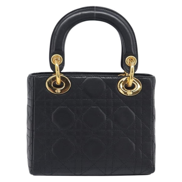 Christian Dior Mini cannage Hand Bag Lamb Skin Black Gold Auth yk21108SAM