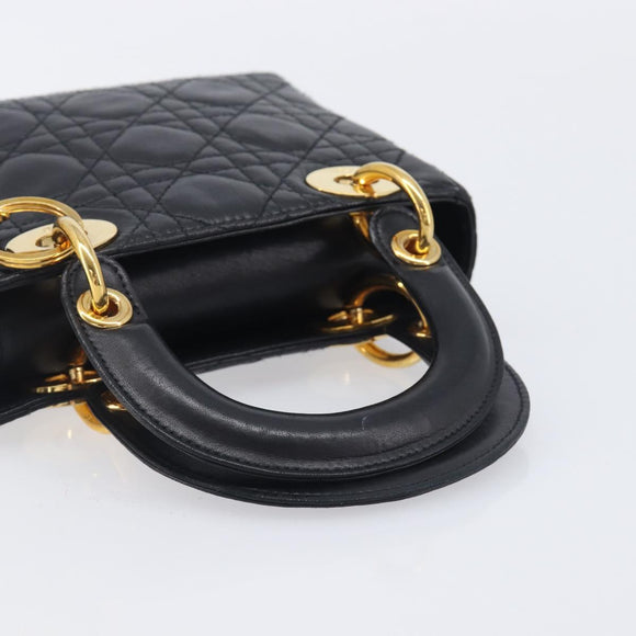 Christian Dior Mini cannage Hand Bag Lamb Skin Black Gold Auth yk21108SAM