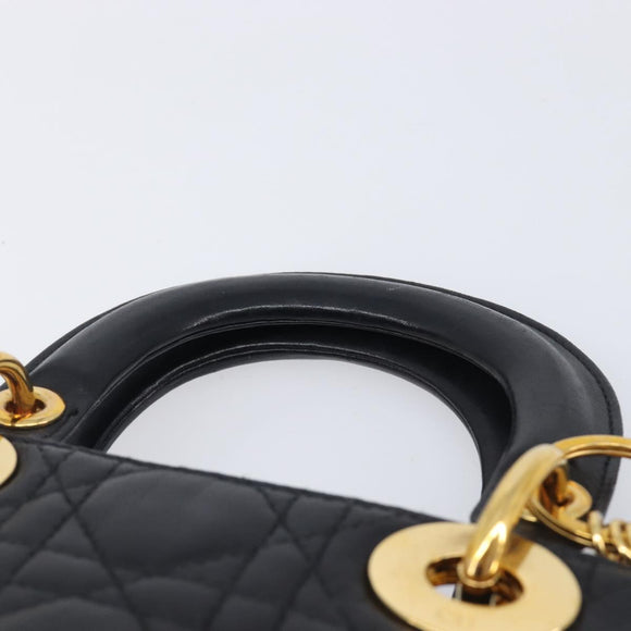 Christian Dior Mini cannage Hand Bag Lamb Skin Black Gold Auth yk21108SAM