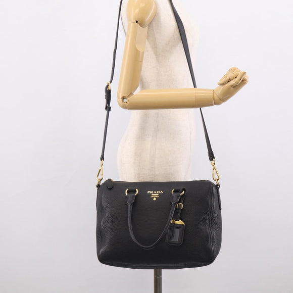 PRADA Hand Bag Leather 2way Black Gold Auth yk21147V