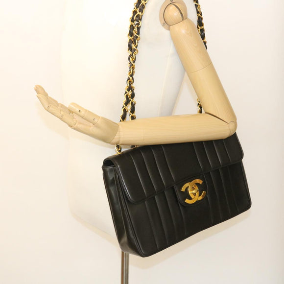 CHANEL Mademoiselle Big COCO Mark Chain ShoulderBag Lamb Skin Black Auth yk4080A