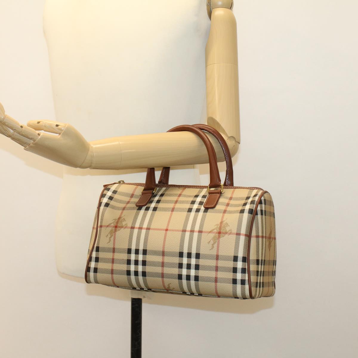 BURBERRY Nova Check Boston Bag PVC Leather Beige Auth yk7246