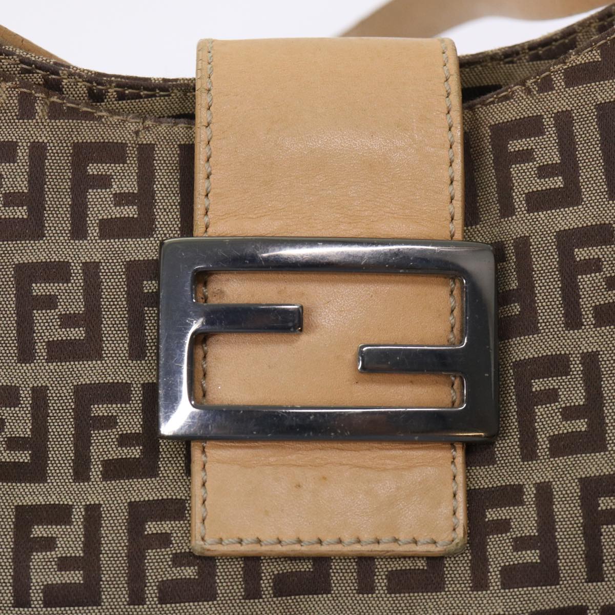 FENDI Zucchino Canvas Mamma Baguette Shoulder Bag Leather Beige Auth yk7711