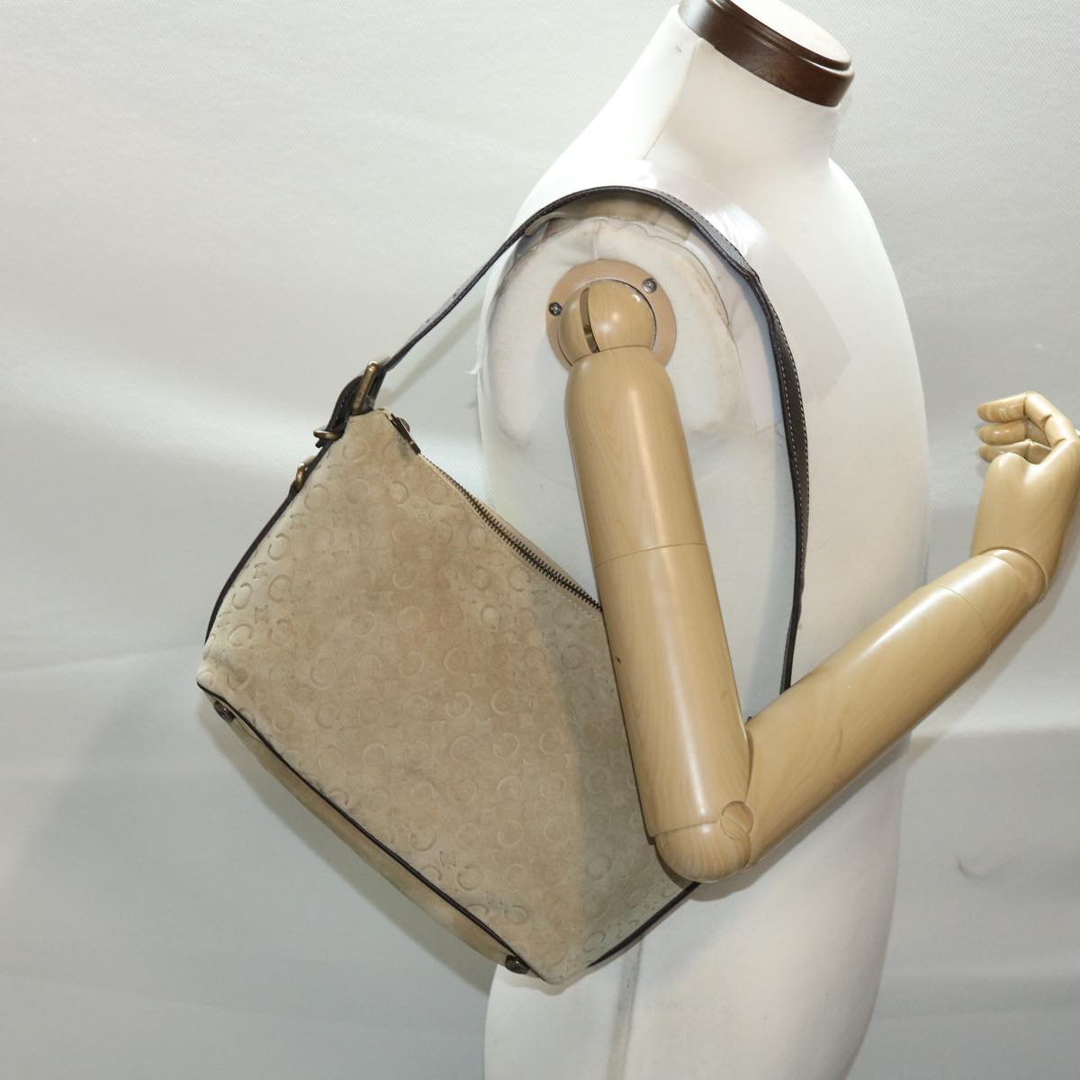 CELINE C Macadam Canvas Shoulder Bag Beige Auth yk7996B