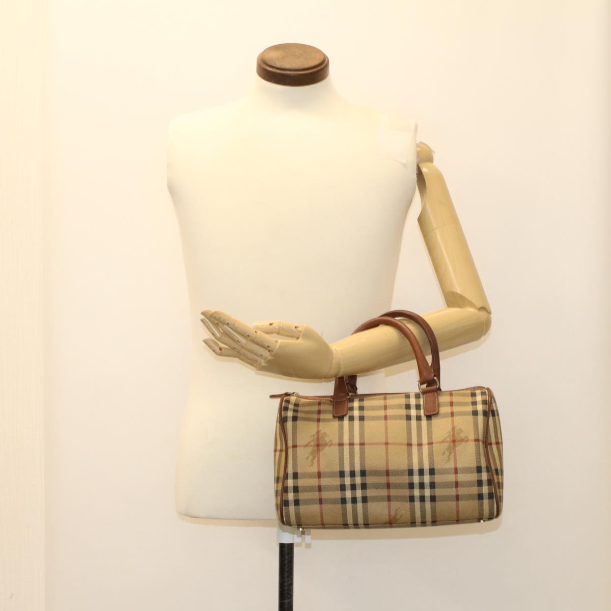 BURBERRY Nova Check Boston Bag PVC Leather Beige Auth yk8002B