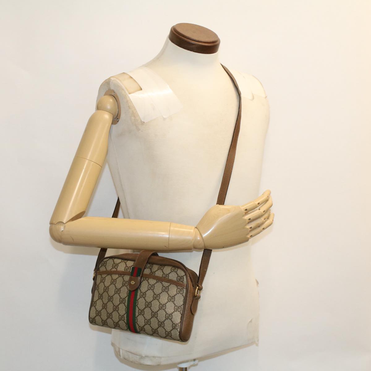 GUCCI GG Canvas Web Sherry Line Shoulder Bag Beige Red 89.02.055 Auth yk8060