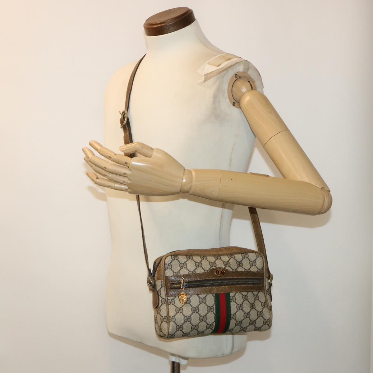 GUCCI GG Canvas Web Sherry Line Shoulder Bag Beige Red 39.001.4938 Auth yk8120B