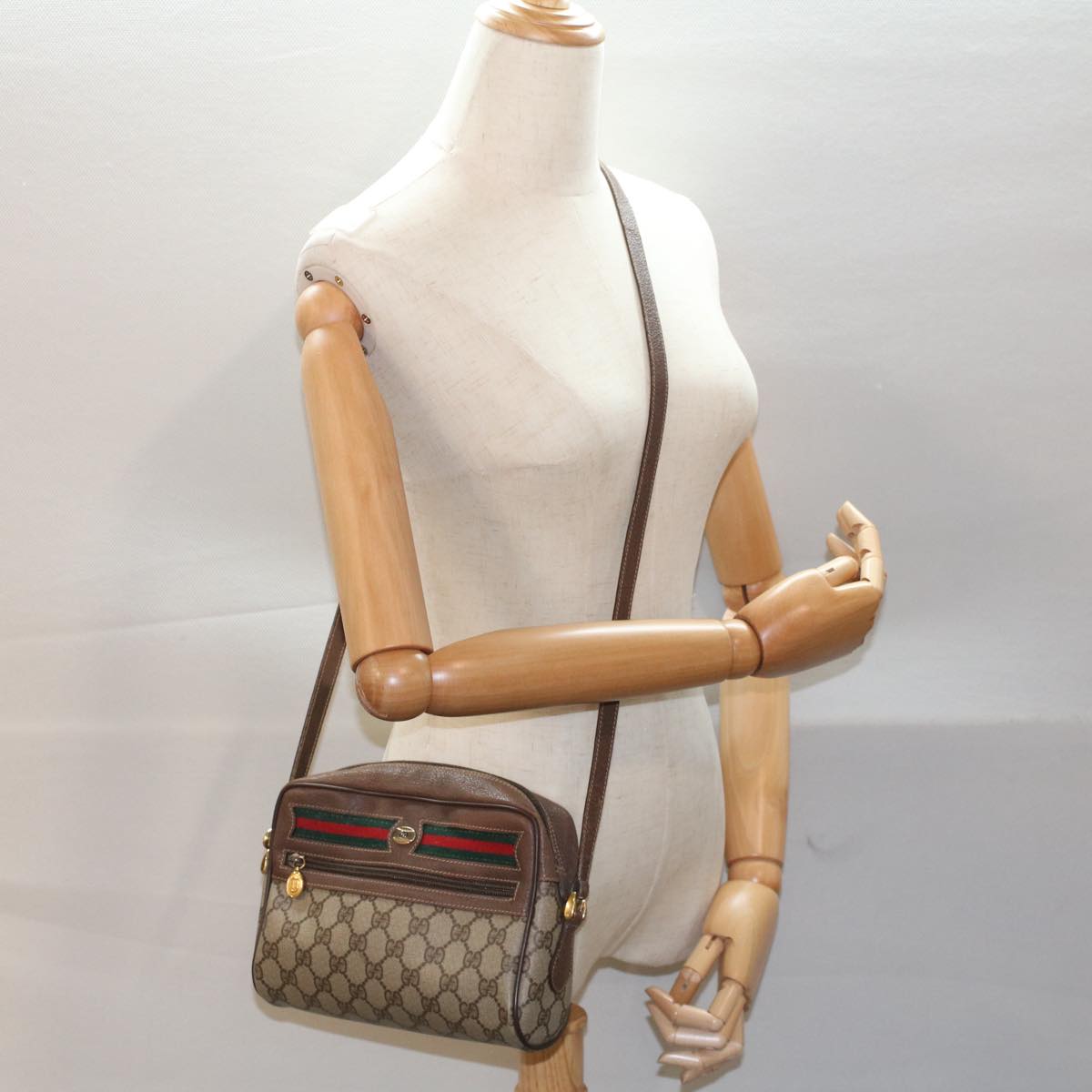 GUCCI GG Canvas Web Sherry Line Shoulder Bag Beige Red Green Auth yk8226