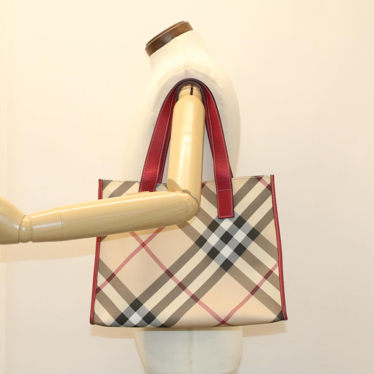 BURBERRY Nova Check Tote Bag PVC Leather Beige Auth yk8235