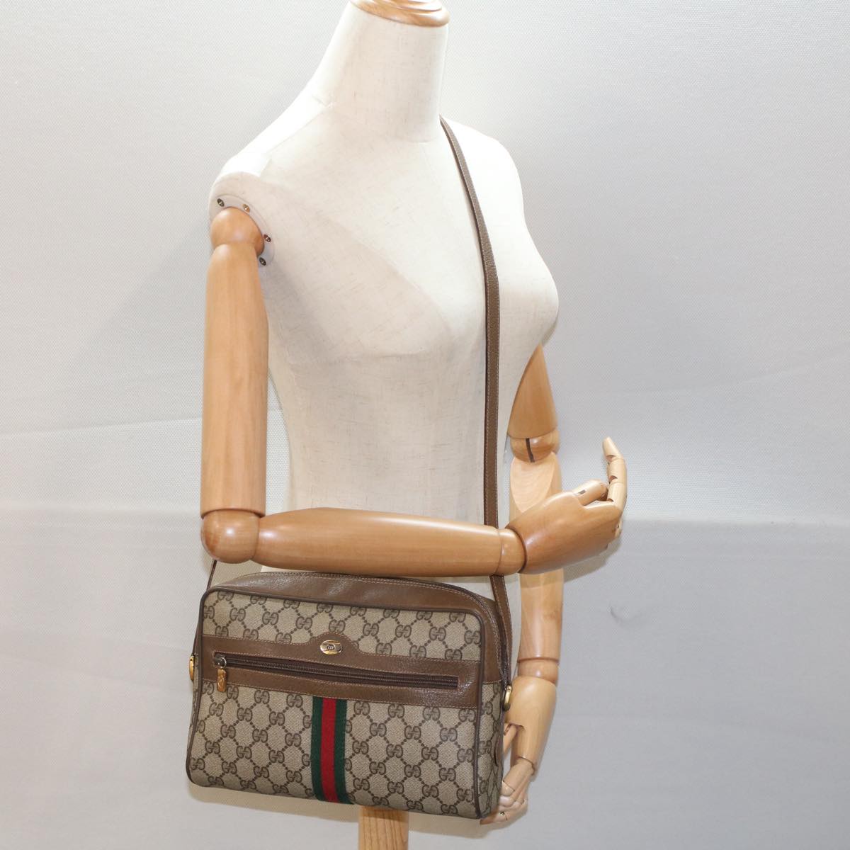 GUCCI GG Canvas Web Sherry Line Shoulder Bag Beige Red 56.02.005 Auth yk8261