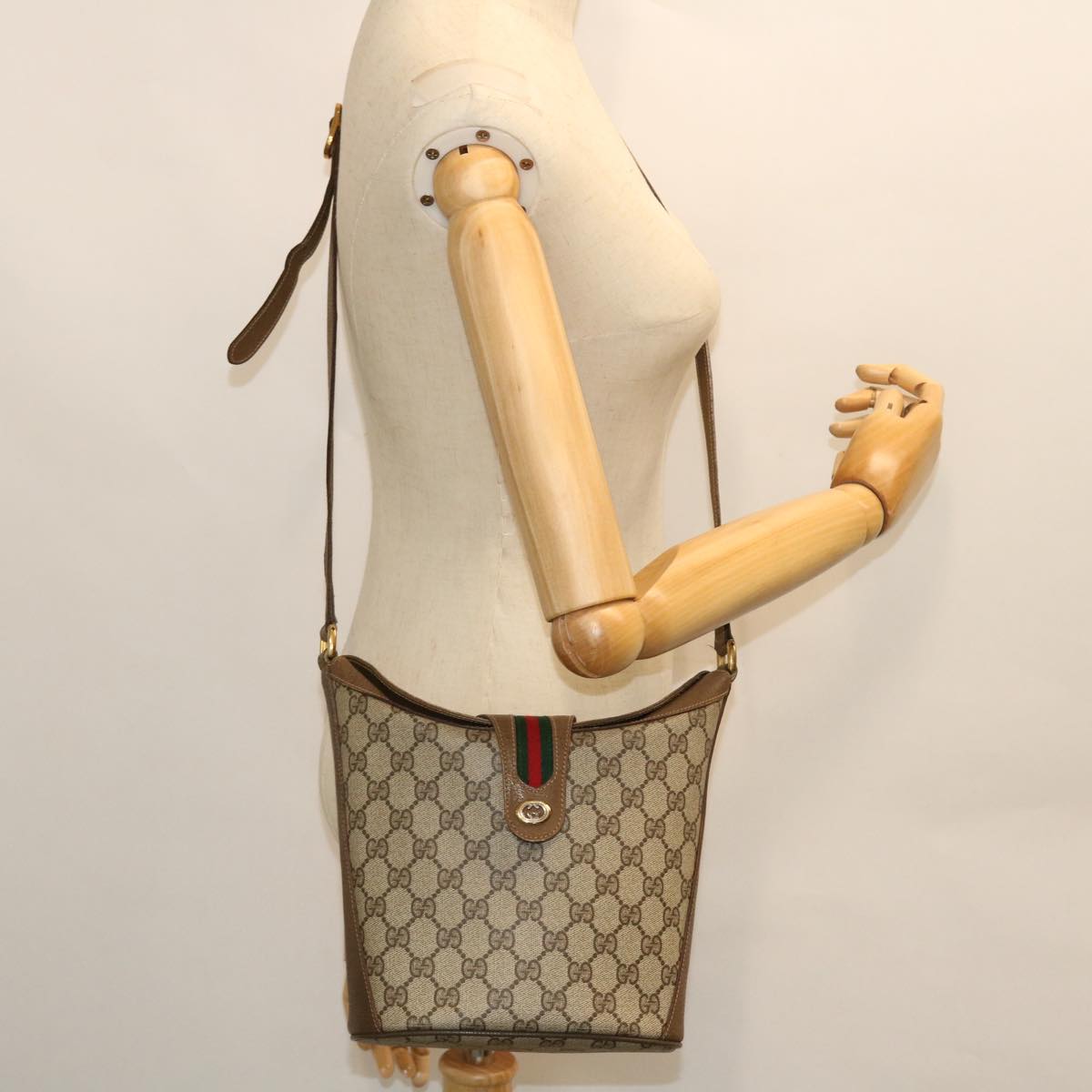 GUCCI GG Canvas Web Sherry Line Shoulder Bag PVC Leather Beige Red Auth yk8333