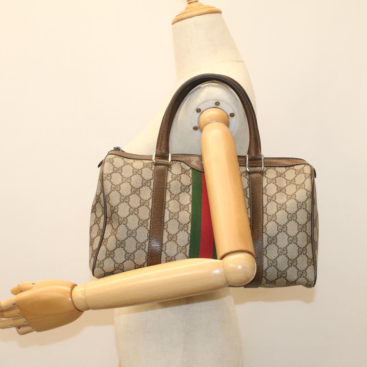 GUCCI GG Canvas Web Sherry Line Boston Bag Beige Red 20 012 3842 Auth yk8394B