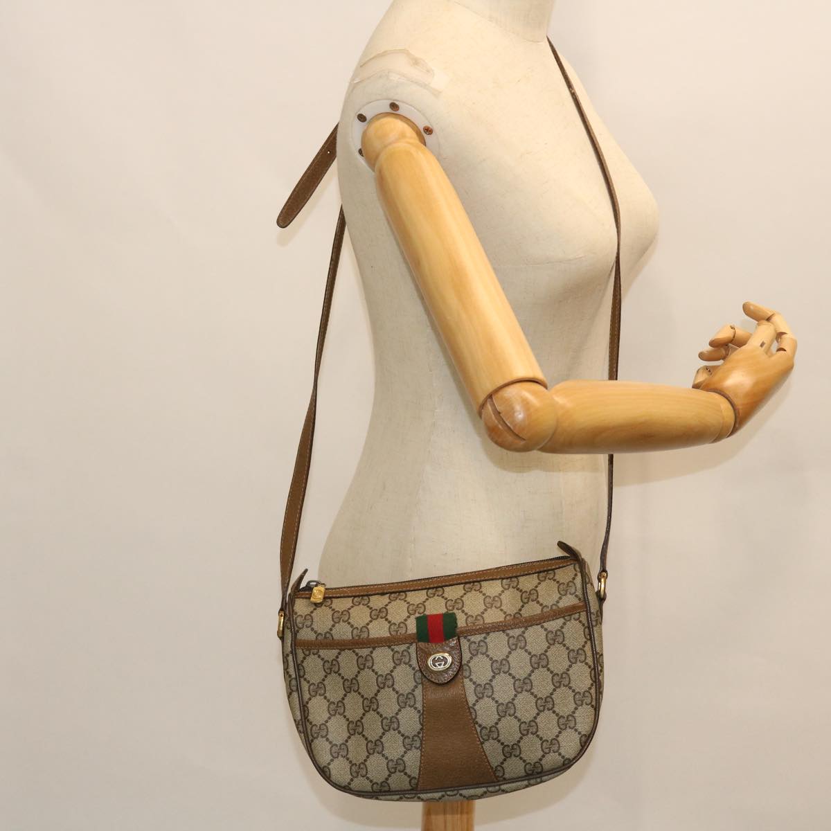 GUCCI GG Canvas Web Sherry Line Shoulder Bag PVC Leather Beige Green Auth yk8413