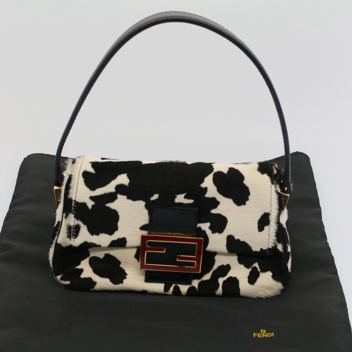 FENDI Cow Pattern Mini Mamma Baguette Bag Harako leather Black White Auth yk8500