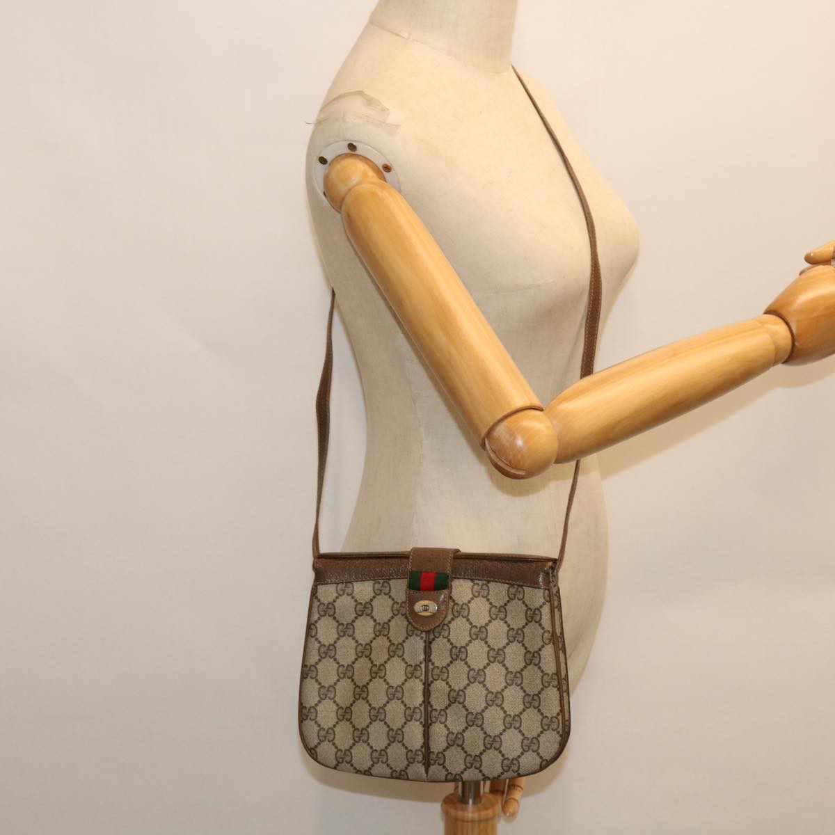 GUCCI GG Canvas Web Sherry Line Shoulder Bag Beige Green 10 02 037 Auth yk8509