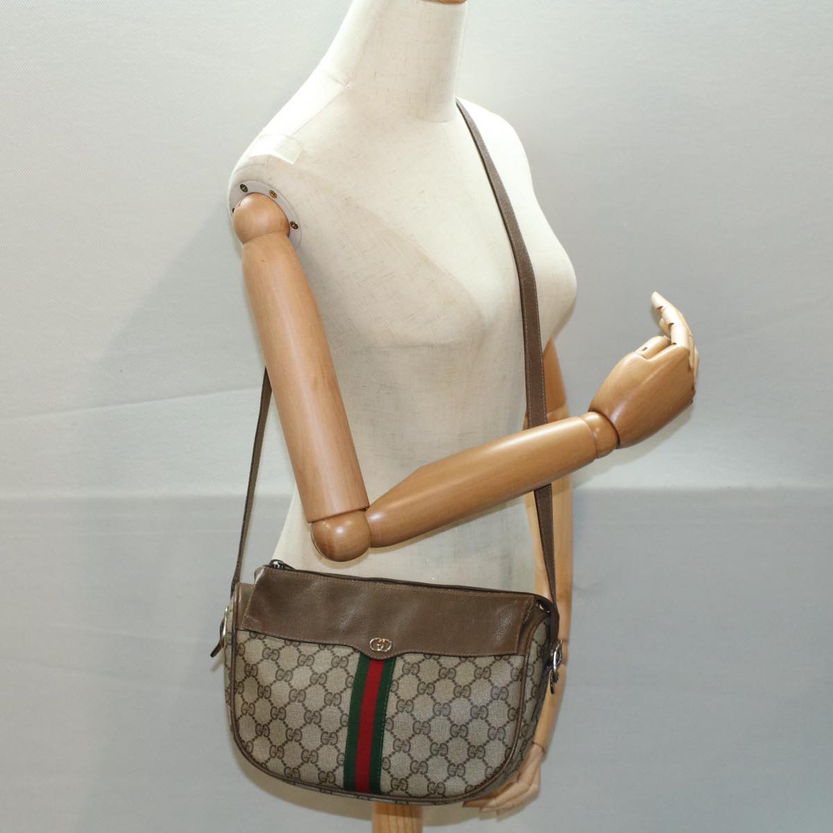 GUCCI GG Canvas Web Sherry Line Shoulder Bag Beige Green Red Auth yk8510