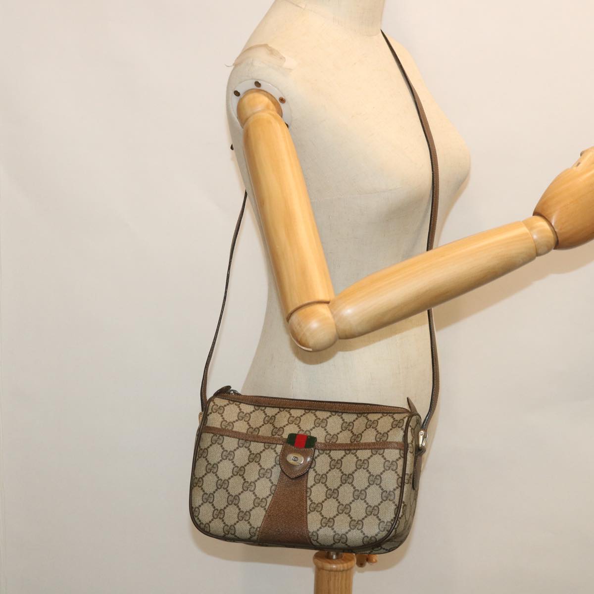 GUCCI GG Canvas Web Sherry Line Shoulder Bag Beige Red 14 02 032 Auth yk8526