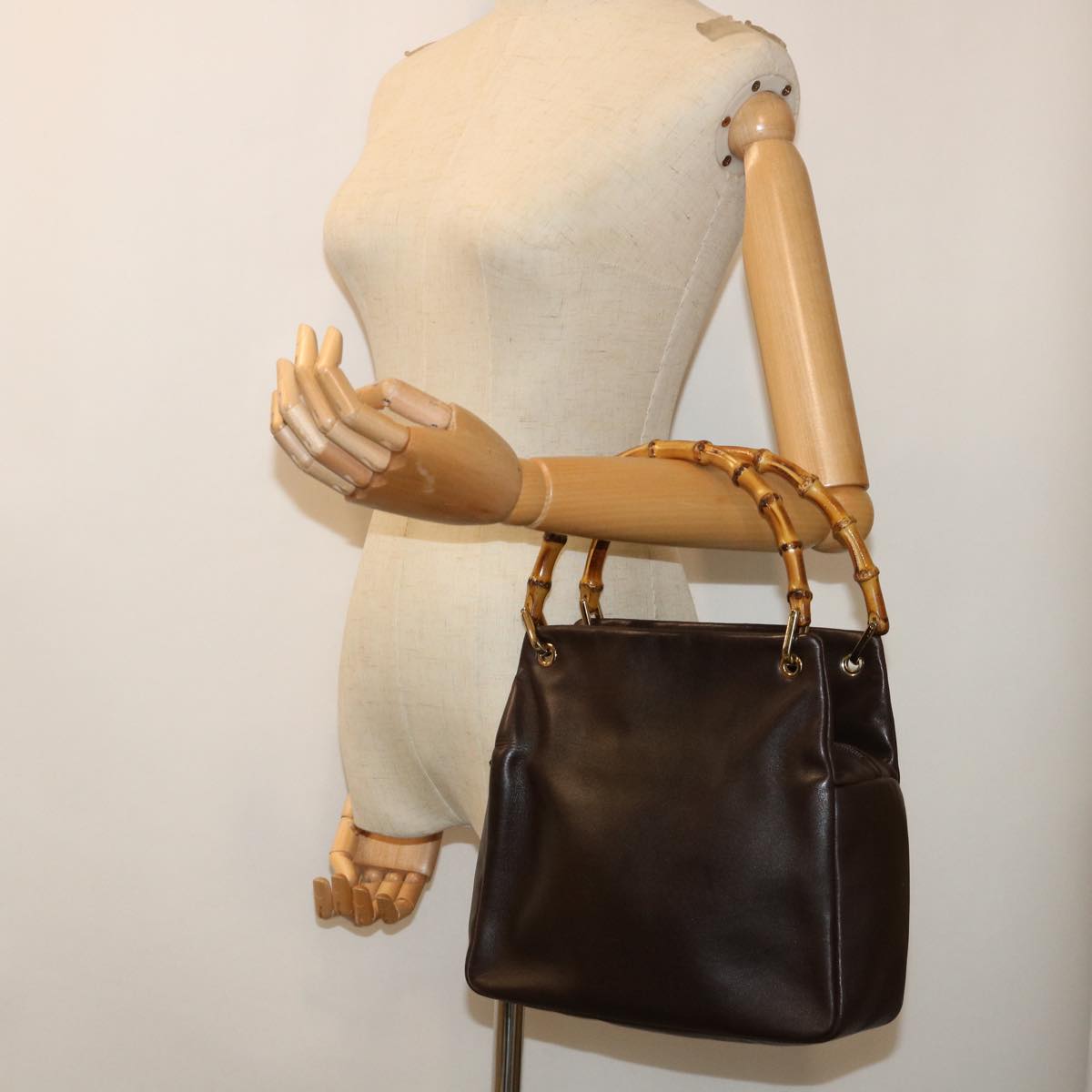 GUCCI Bamboo Hand Bag Leather Brown 000.0166.0580 Auth yk8566