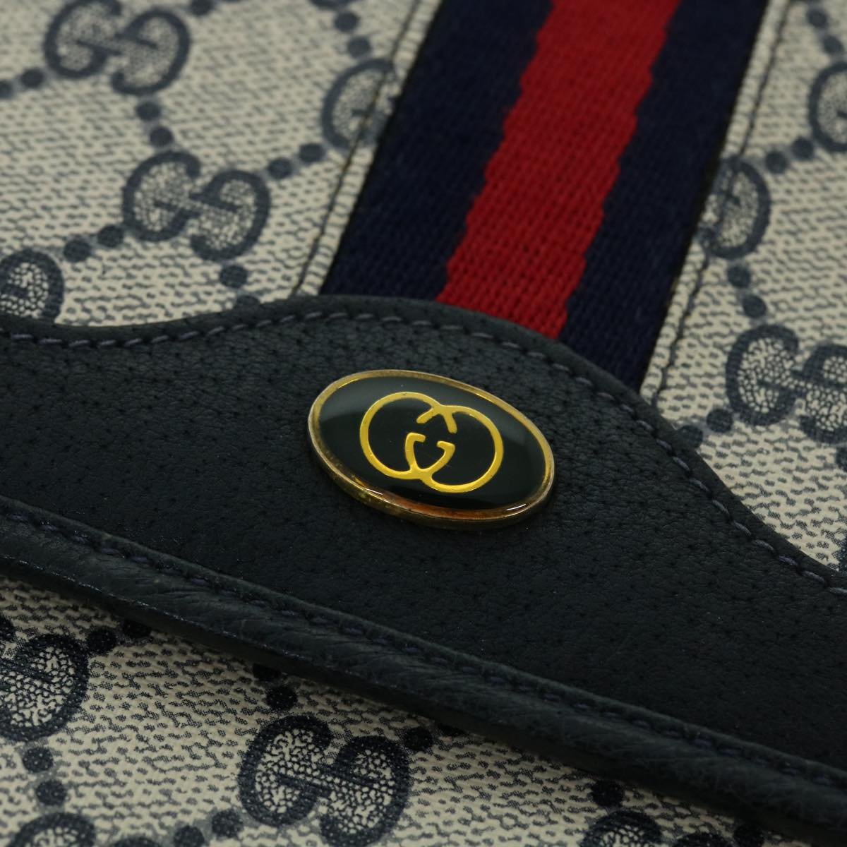 GUCCI GG Canvas Sherry Line Shoulder Bag PVC Leather Gray Red Navy Auth yk8588