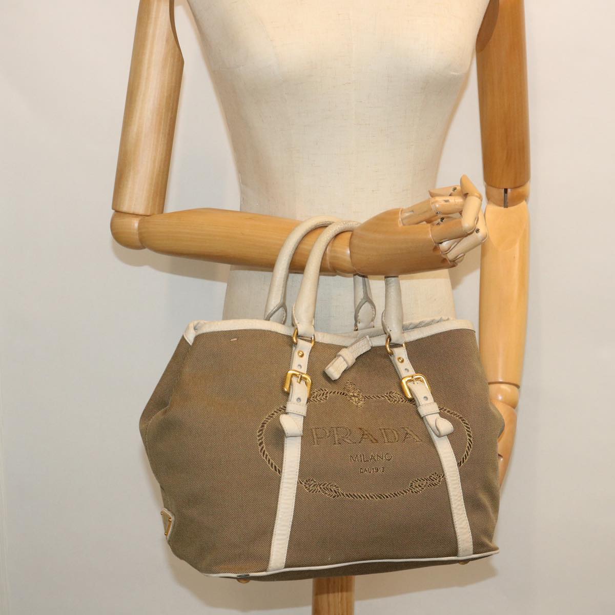 PRADA Hand Bag Canvas Leather Beige Auth yk8620