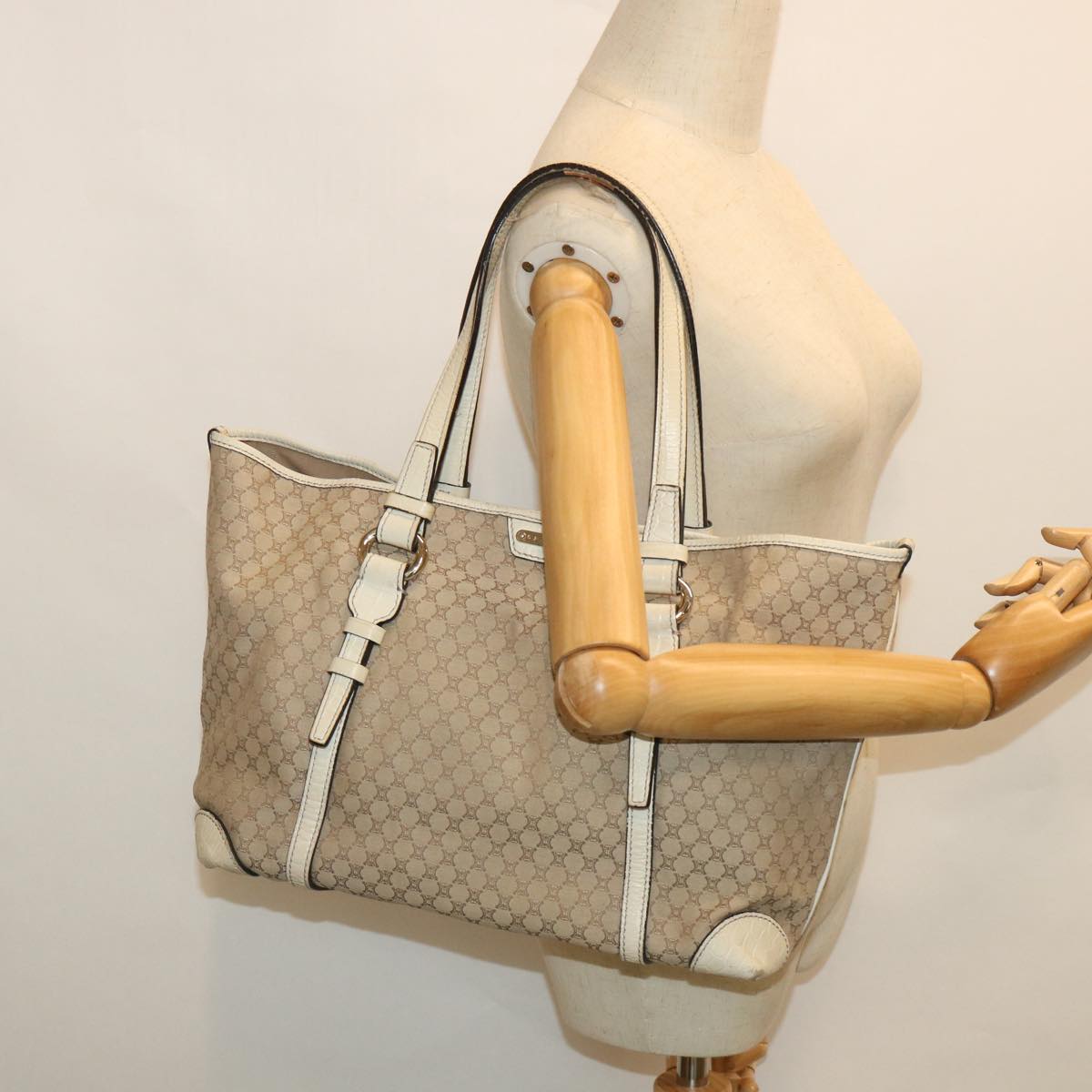 CELINE Macadam Canvas Tote Bag Beige Auth yk8665