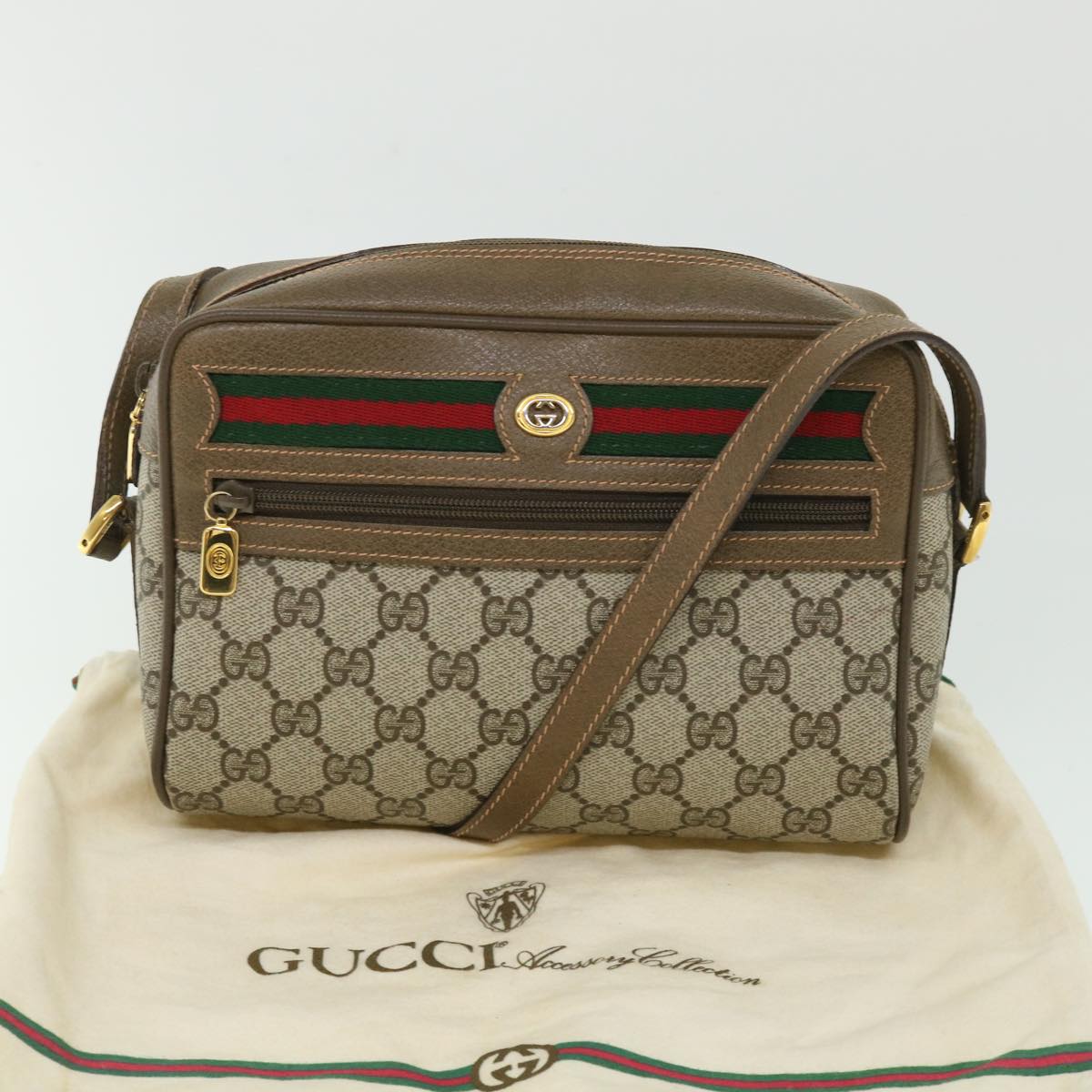 GUCCI GG Canvas Web Sherry Line Shoulder Bag Beige Red 56 02 087 Auth yk8741