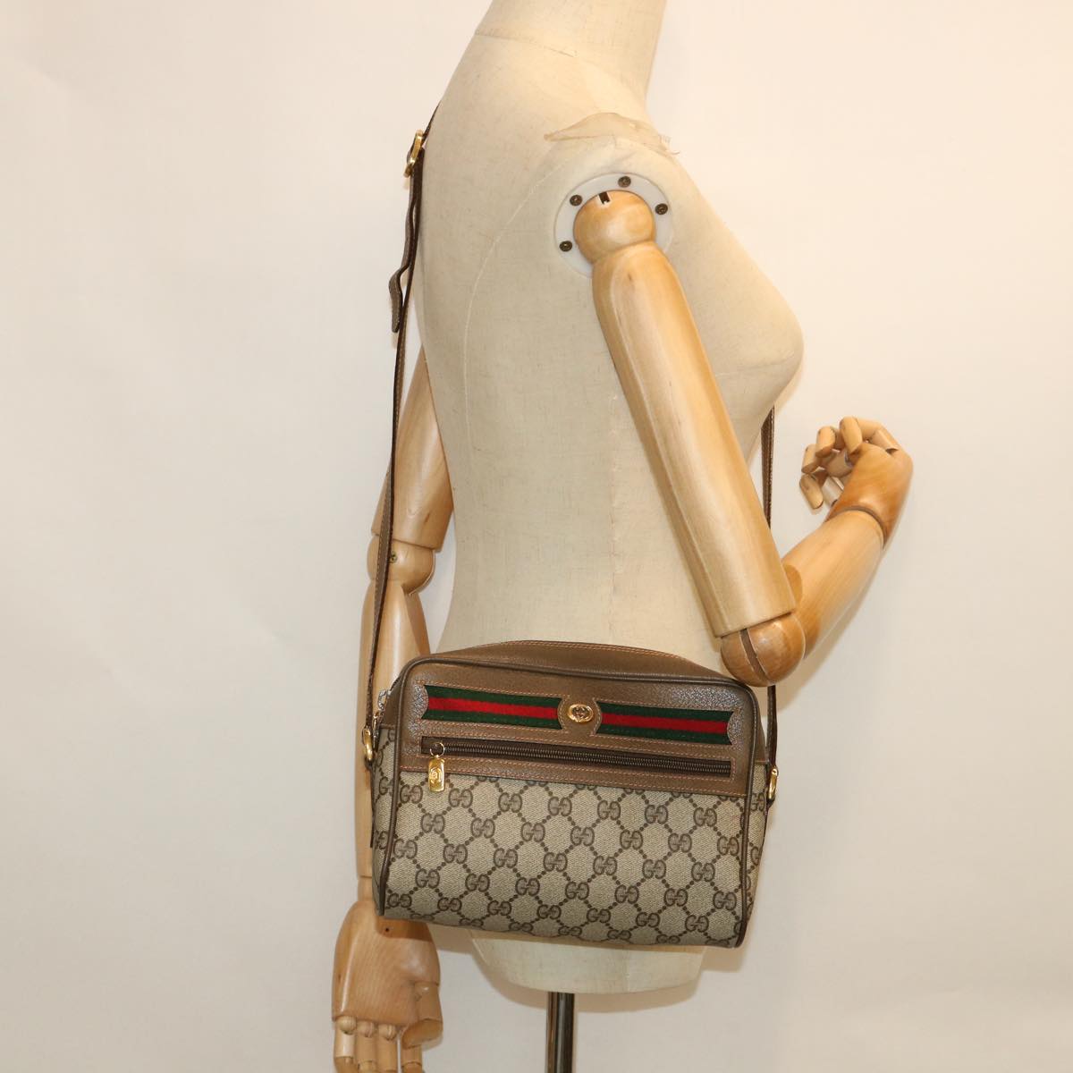 GUCCI GG Canvas Web Sherry Line Shoulder Bag Beige Red 56 02 087 Auth yk8741