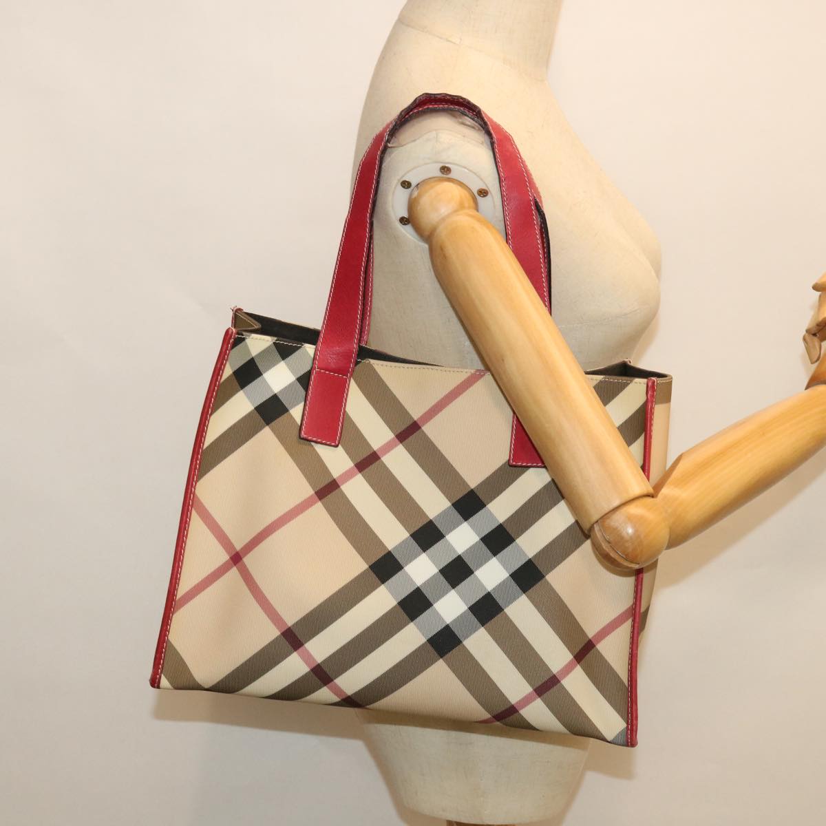 BURBERRY Nova Check Tote Bag PVC Leather Beige Auth yk8745