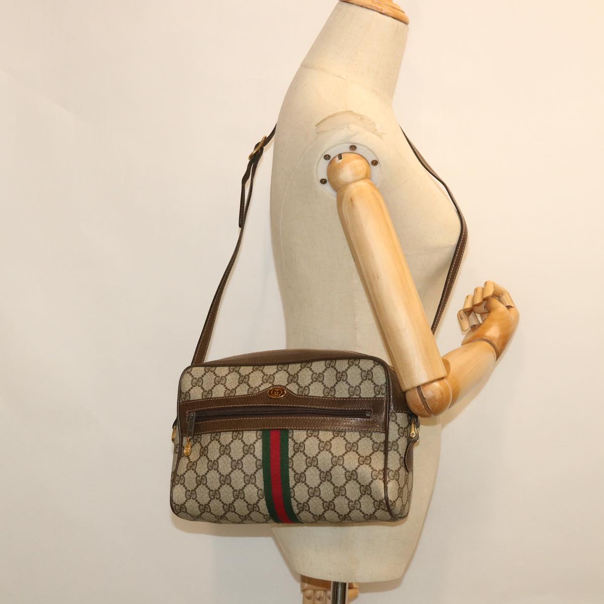 GUCCI GG Canvas Web Sherry Line Shoulder Bag Beige Red 001 4071 5 Auth yk8754