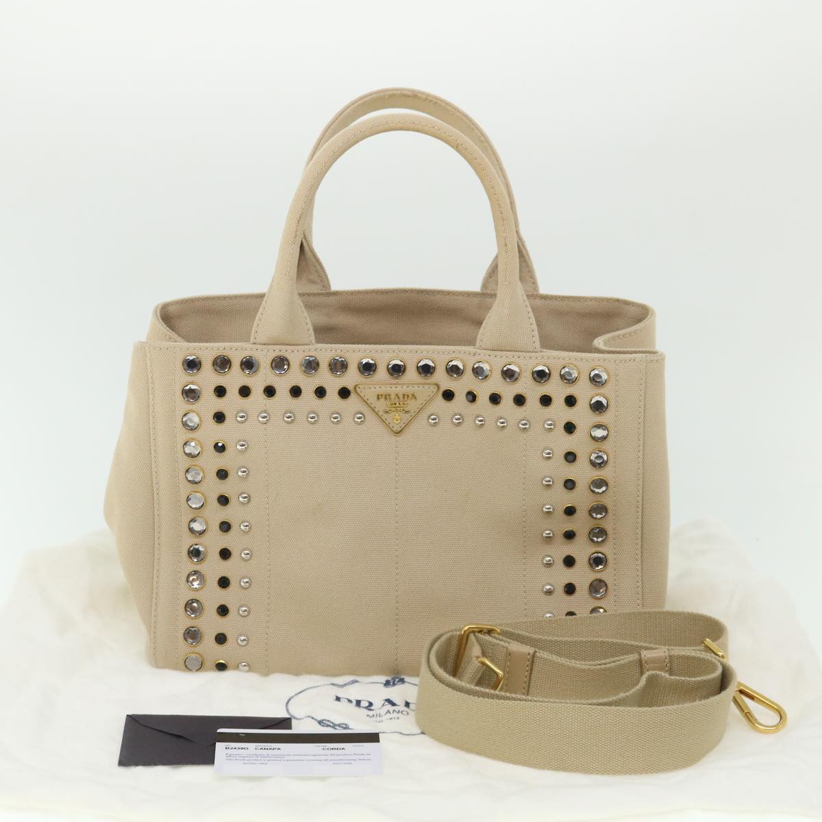 PRADA Bijoux Canapa PM Hand Bag Canvas 2way Beige Auth yk8756