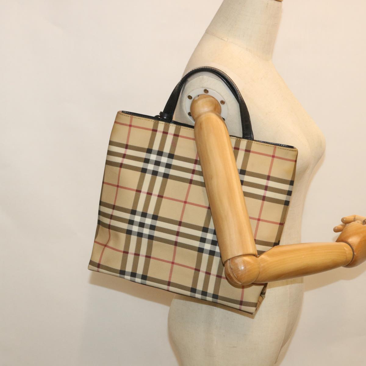 BURBERRY Nova Check Hand Bag PVC Leather Beige Auth yk8861