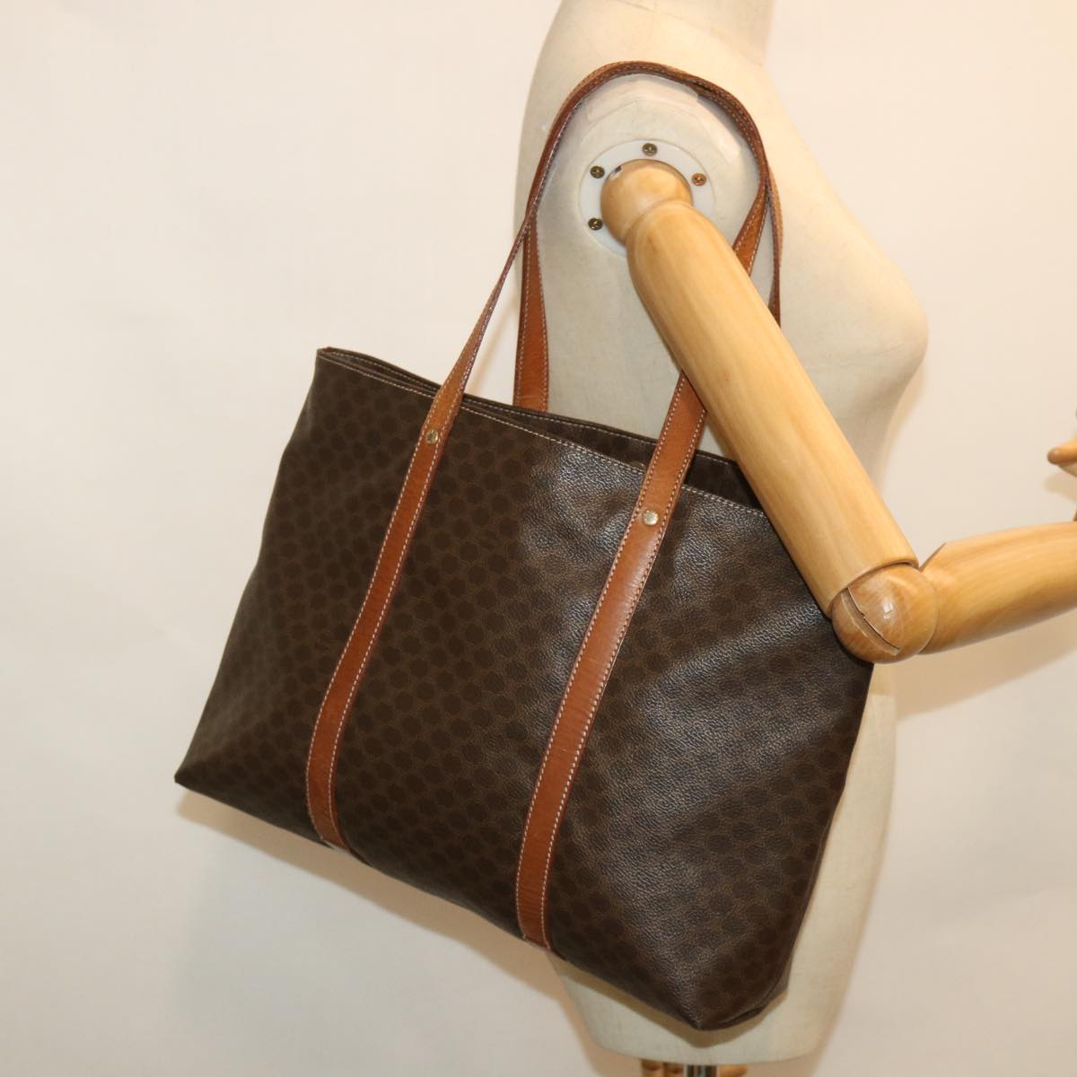 CELINE Macadam Canvas Tote Bag PVC Leather Brown Auth yk8862