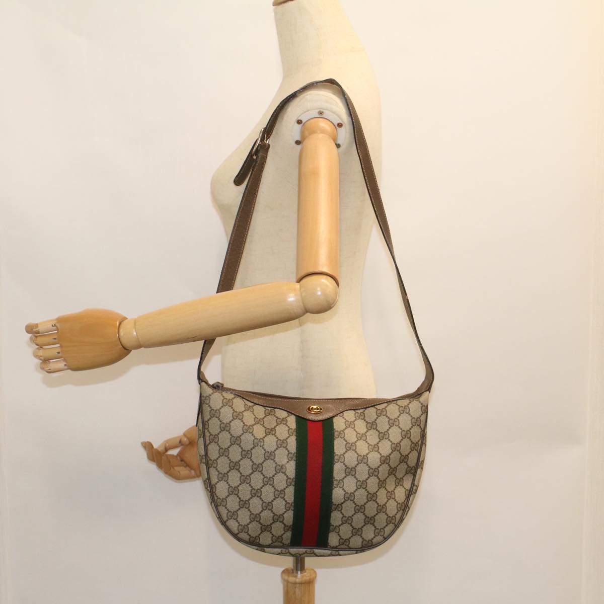 GUCCI GG Canvas Web Sherry Line Shoulder Bag PVC Leather Beige Green Auth yk8891