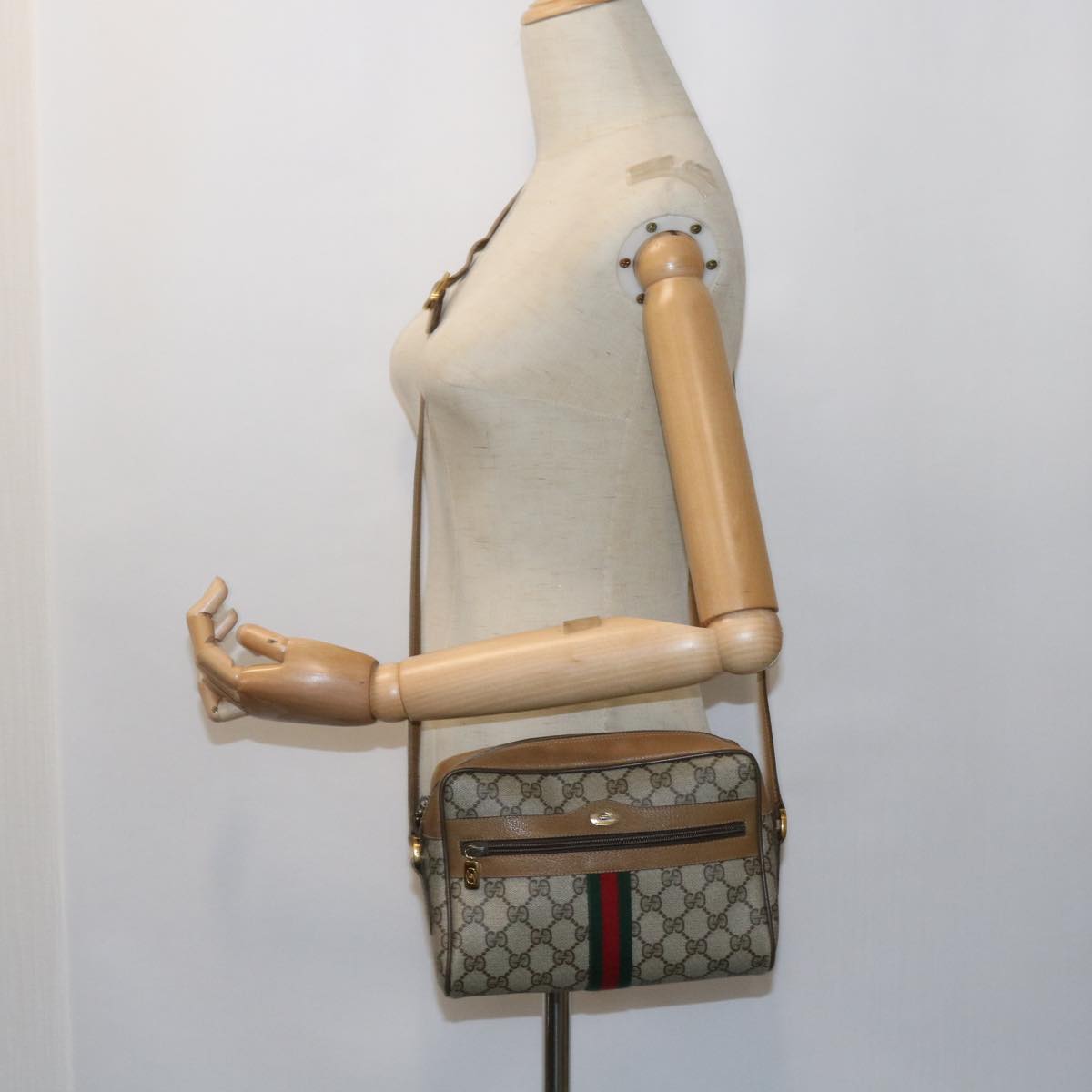 GUCCI GG Supreme Web Sherry Line Shoulder Bag Beige Green 98 02 004 Auth yk9045