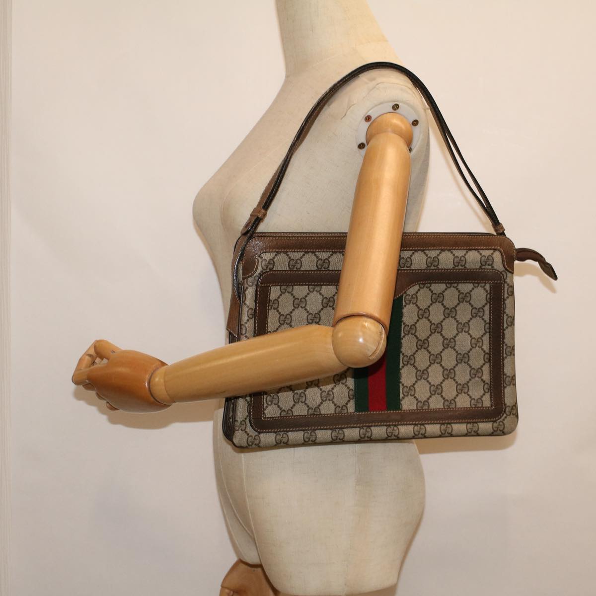 GUCCI GG Canvas Web Sherry Line Shoulder Bag PVC Leather Beige Green Auth yk9207