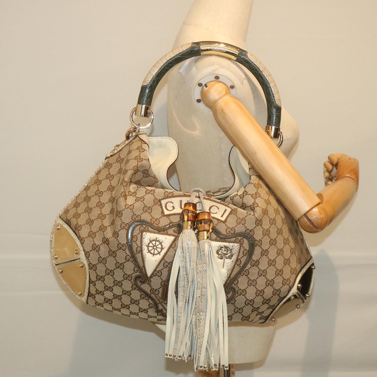 GUCCI GG Canvas Bamboo Indy Shoulder Bag 2way Beige 177088 Auth yk9244