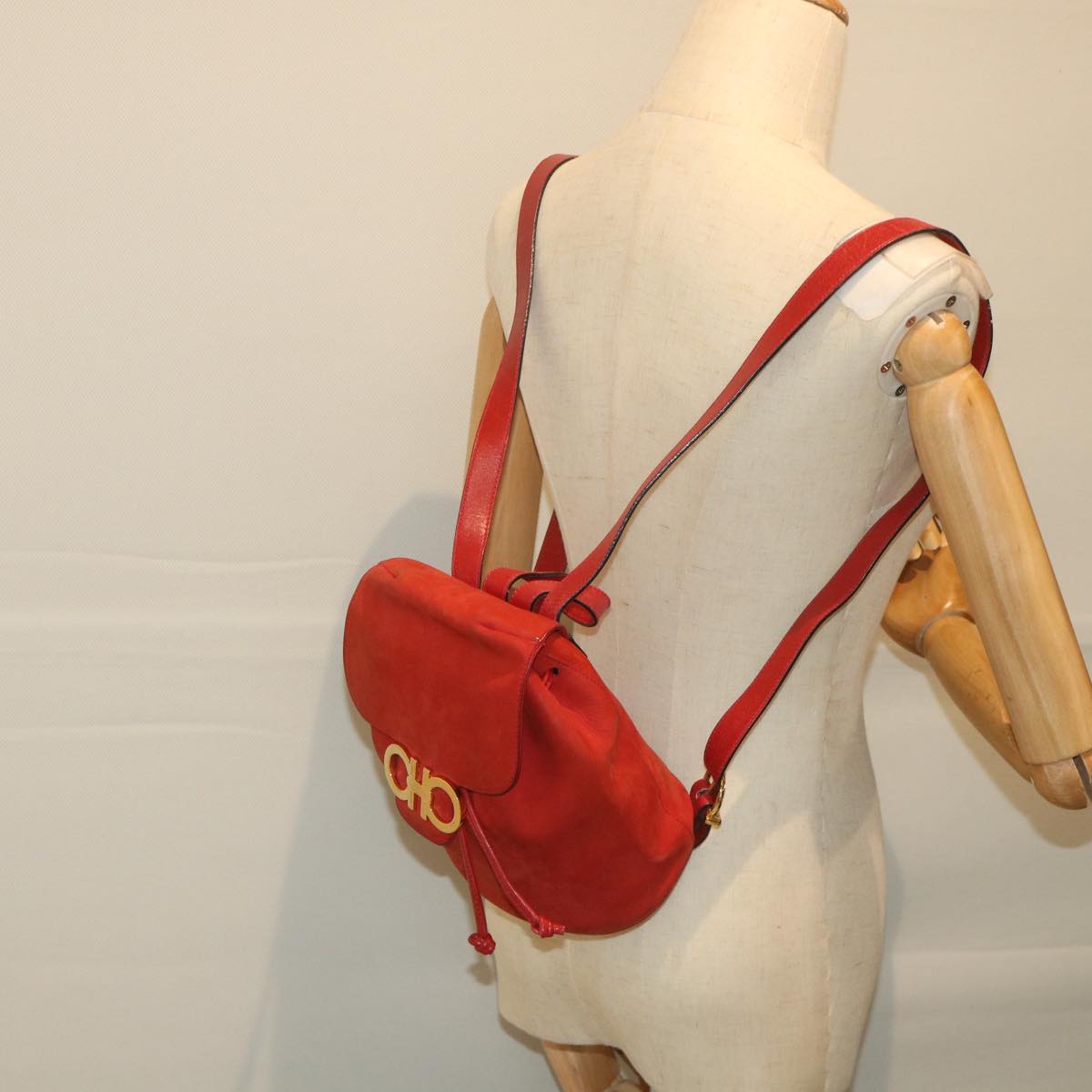 Salvatore Ferragamo Gancini Backpack Leather Red Auth yk9492
