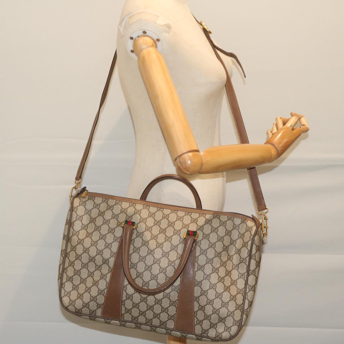 GUCCI GG Supreme Web Sherry Line Boston Bag 2way Beige Red 39 02 041 Auth yk9512